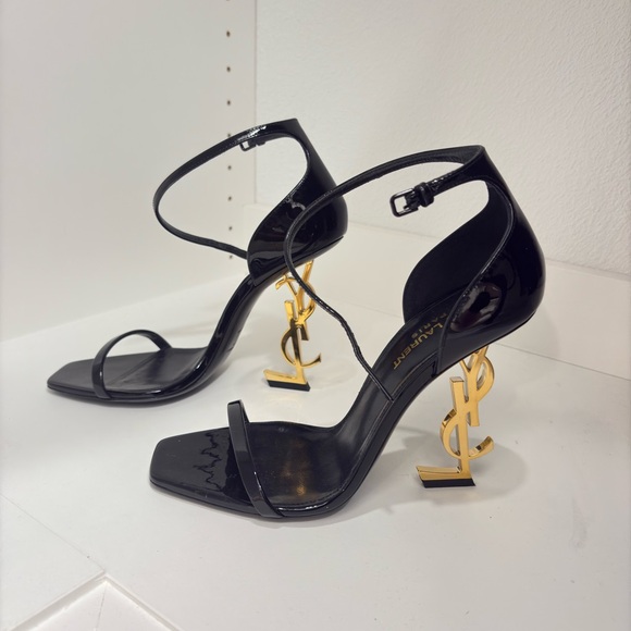 Yves Saint Laurent Glossy Black Heels with Gold Monogram - Picture 1 of 4